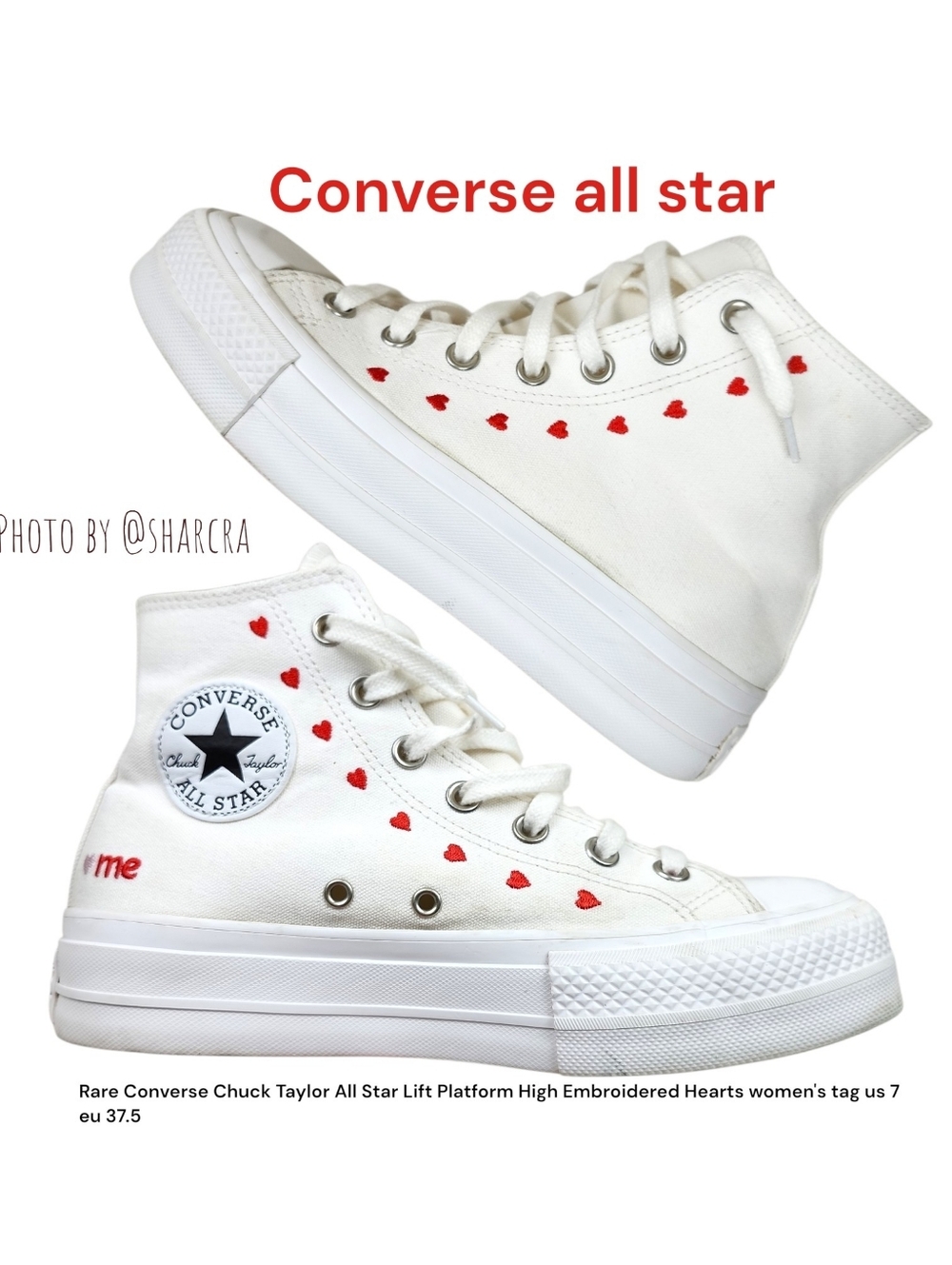 Converse Chuck Taylor All Star Women Lift Platform High Top Embroidered Hearts 7